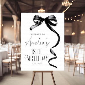 Letrero de bienvenida para fiesta de cumpleaños con lazo negro, cartel de fiesta de dulces dieciséis con lazo negro de Coquette, letrero de bienvenida para fiesta de cumpleaños