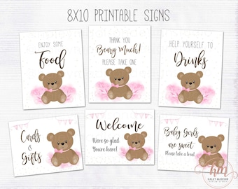 Pink Teddy Bear Baby Shower signs, Set of 6 Table signs, Door signs, welcome sign, food sign, favors sign baby girl PRINTABLE FILES HM887