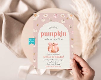 Editable Little Pumpkin Birthday Party Invitation, Pink Bow Pumpkin Fall Birthday Party Invitation
