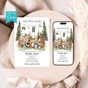 May include: A printable baby shower invitation with a woodland theme. The invitation features a watercolor illustration of a deer, fox, raccoon, bear, and owl with baby clothes hanging on a line. The text on the invitation reads "adventure awaits" and includes the name Amelia Jones.