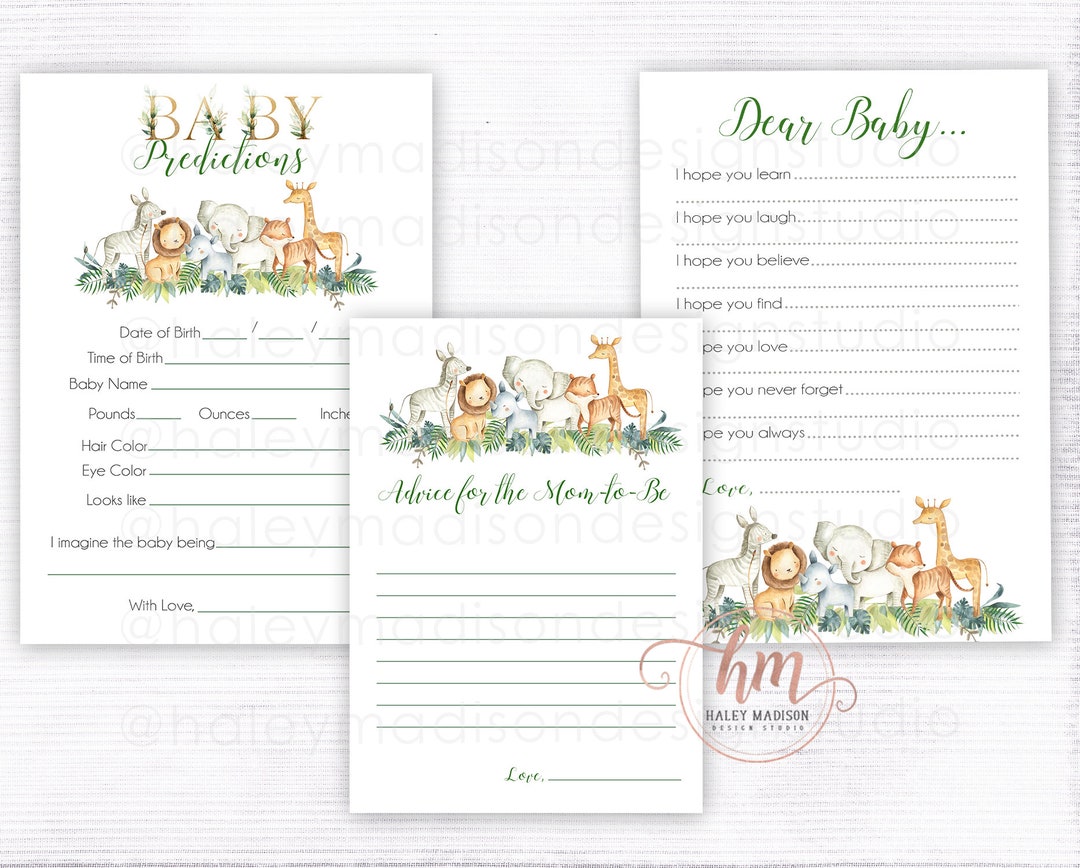 Jungle Baby Shower Cards, Advice for Mom, Dear Baby, Baby Predictions ...
