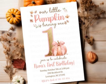 Pink Little Pumpkin First Birthday Party Invitation, Girl Pumpkin First Birthday party Invitation, Fall birthday pumpkin party