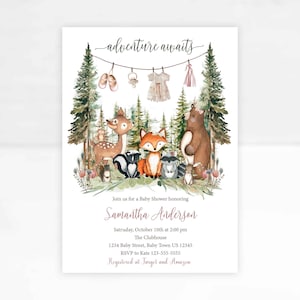 May include: A woodland-themed baby shower invitation with a watercolor illustration of a deer, fox, raccoon, bear, and other woodland creatures. The invitation reads "adventure awaits" and includes the text "Join us for a Baby Shower honoring Samantha Anderson".