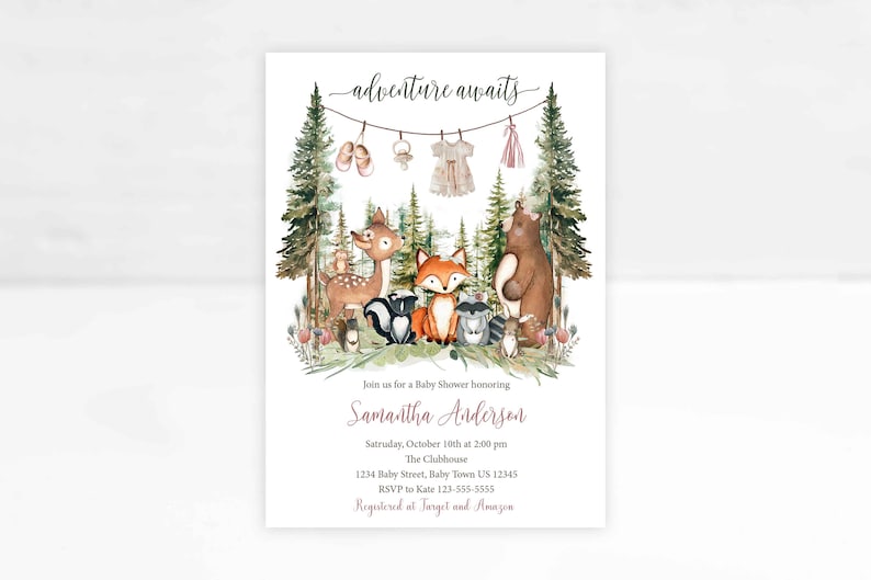 May include: A woodland-themed baby shower invitation with a watercolor illustration of a deer, fox, raccoon, bear, and other woodland creatures. The invitation reads "adventure awaits" and includes the text "Join us for a Baby Shower honoring Samantha Anderson".