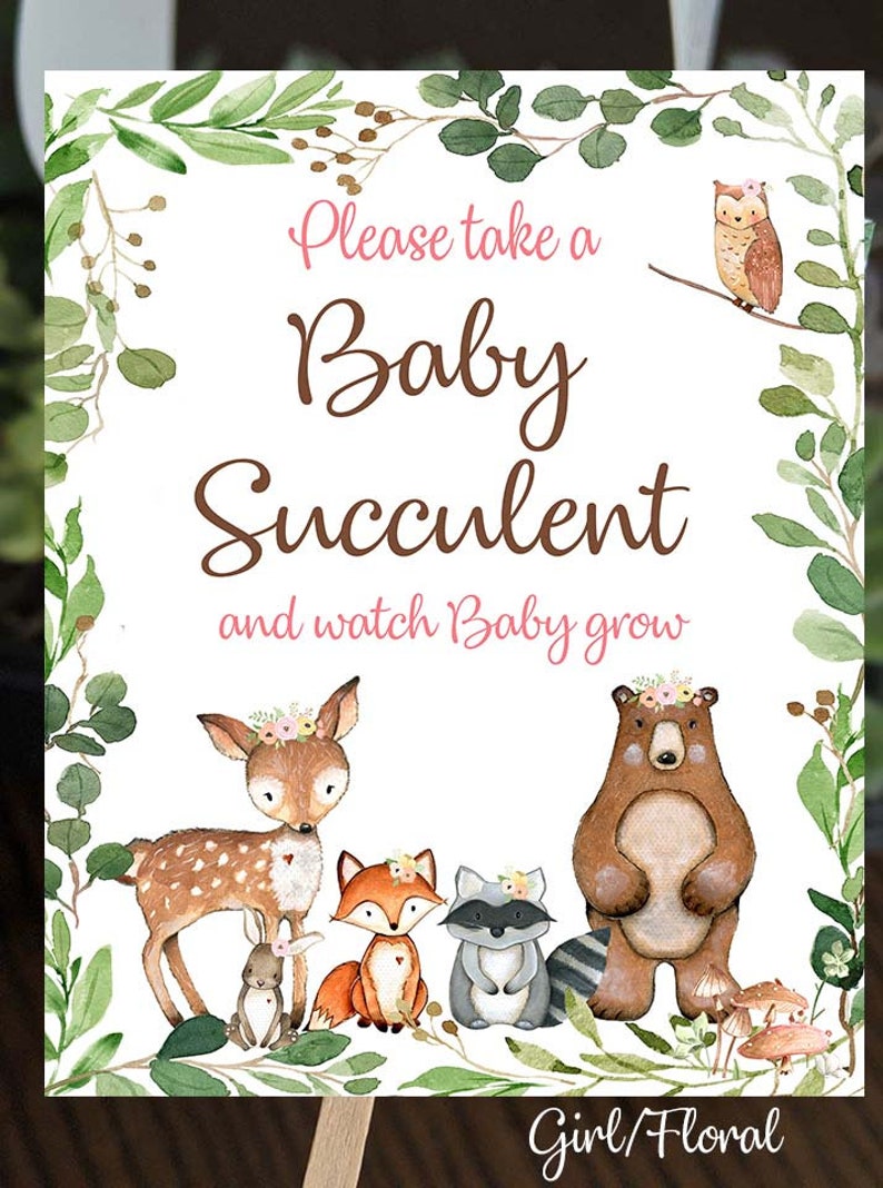 May include: A baby shower sign with the text "Please take a Baby Succulent and watch Baby grow." The sign features watercolor illustrations of woodland animals, including a deer, fox, raccoon, and bear, surrounded by greenery.