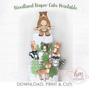 PRINTABLE Woodland IT&#39;S A BOY Diaper Cake, Woodland Baby Shower Printable Diaper Cake, Woodland Animals Cutouts, Woodland Diaper Cake sign