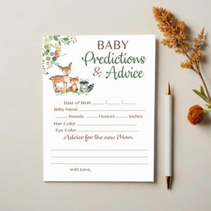Jeu de conseils et de prédictions pour bébé des bois à imprimer, jeu de baby shower des bois, baby shower des bois neutre sexiste, jeu de baby shower