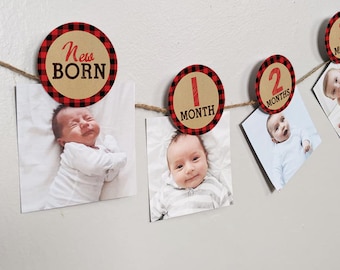 Lumberjack 12 Month Photo Banner, 2.5" Lumberjack picture banner, Baby's First Year photo banner Buffalo Plaid banner decor, Lumberjac decor