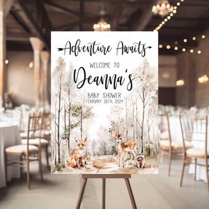 Baby shower nel bosco Cartello di benvenuto, cartello di benvenuto Adventure Awaits, cartello baby shower nel bosco, baby shower neutro, animale della foresta HMRWL