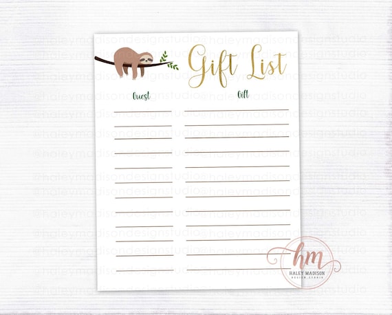 PRINTABLE Sloth Gift List Gender Neutral Sloth Baby Shower | Etsy