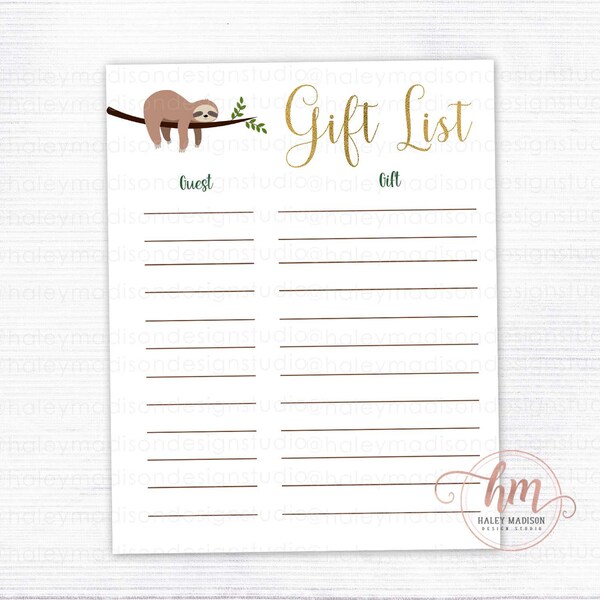 PRINTABLE Sloth Gift List, Gender Neutral Sloth Baby Shower presents list, Greenery Sloth Birthday present tracker, Sloth gift tracker HM988