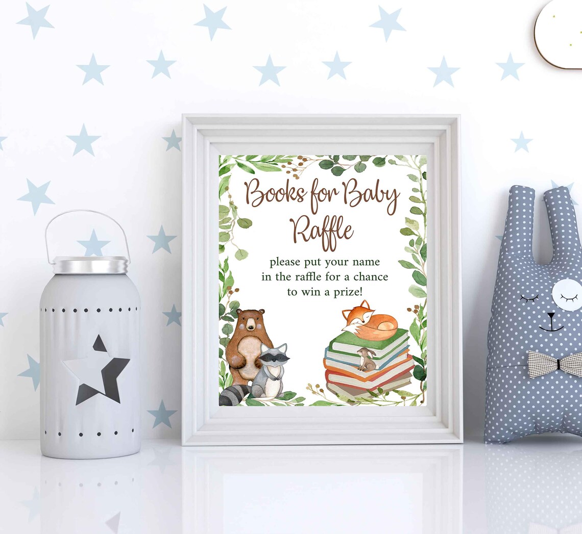 Book Raffle Table Sign Woodland Books for Baby Raffle Sign, Woodland Baby Shower Games, Book ...