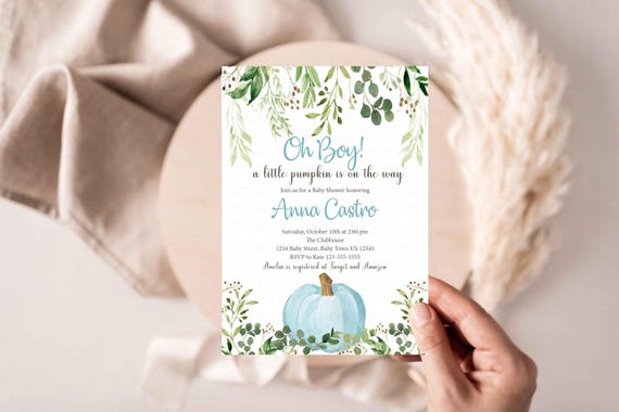 Little pumpkin baby shower invitation, Boy blue little pumpkin invitation, Fall baby shower invitation, greenery pumpkin invitation HM313