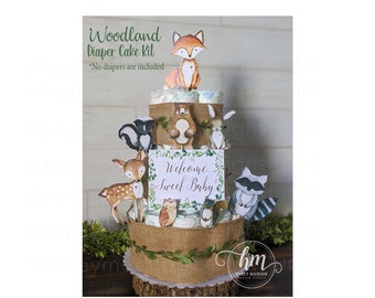 Woodland Diaper Cake Kit, Woodland Baby Shower Diaper Cake Decoration, Woodland Animal Cutouts, Woodland Baby Shower Gift Diaper Cake