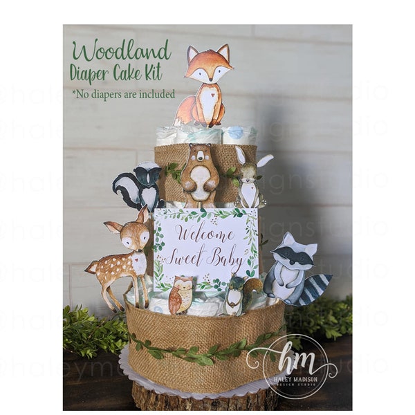Woodland Diaper Cake Kit, Woodland Baby Shower Diaper Cake Decoration, Woodland Animal Cutouts, Woodland Baby Shower Gift Diaper Cake