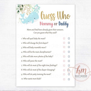 Whale Baby Shower Guess Who Game Cards,Whale Baby Shower Game, Gender Neutral Baby Shower, Baby Shower Mom or Dad Game PRINTABLE HM239