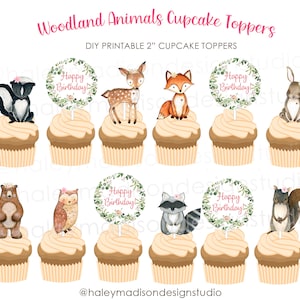 PRINTABLE Girl Woodland Animals Cupcake Toppers, Floral Woodland Birthday Party food picks printable woodland Girl animals woodland toppers
