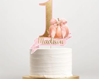 Pink Little Pumpkin Cake Topper, Personalized Pumpkin party cake decoration, Fall Birthday Part cake topper, Pink bow pumpkin topper