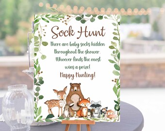 Woodland Sock Hunt Game, Find baby Socks sign 8x10 PRINTABLE