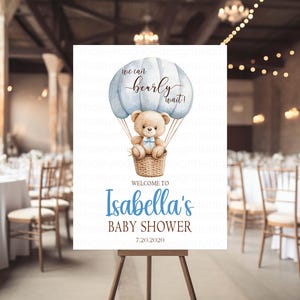 Blue Teddy Bear Welcome sign, boy Blue Teddy bear baby shower welcome sign, we can bearly wait welcome sign Birthday party