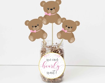 PRINTABLE Teddy Bear Centerpieces, Teddby Beary Baby Shower Decorations Bearly Wait Printable bear center pieces Pink teddy bear sign HM887