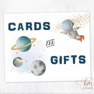Segno di carte e regali per astronauti, segno di pianeti di compleanno a tema spazio esterno, tavolo di carte e regali per feste Galaxy, due luna FILE STAMPABILE