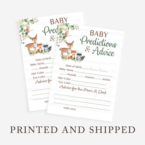 Woodland Baby Advice and Predictions game, Woodland baby shower game, gender neutral woodland baby shower PRINTED and SHIPPED