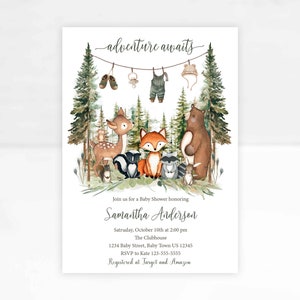 May include: A baby shower invitation with a woodland theme. The invitation features a watercolor illustration of a deer, fox, raccoon, bear, and other woodland creatures. The text on the invitation reads "adventure awaits" and includes the name Samantha Anderson, the date and time of the shower, and the location. The invitation also includes the RSVP information and registry details.