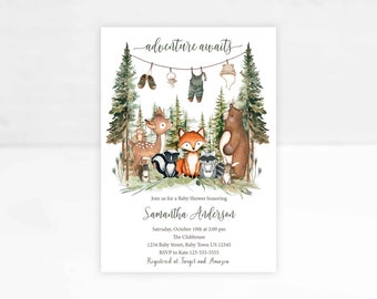 Woodland Baby Shower Invitation, Woodland Adventure Awaits, Baby Items Invitation, woodland animals invitation, Forest Baby shower