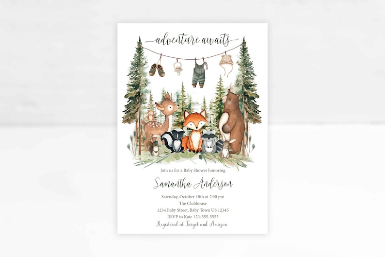 May include: A baby shower invitation with a woodland theme. The invitation features a watercolor illustration of a deer, fox, raccoon, bear, and other woodland creatures. The text on the invitation reads "adventure awaits" and includes the name Samantha Anderson, the date and time of the shower, and the location. The invitation also includes the RSVP information and registry details.