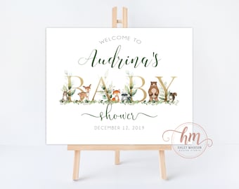 Woodland baby shower Welcome sign, Woodland greenery welcome sign, Woodland baby shower sign, gender neutral baby shower, Floral Woodland