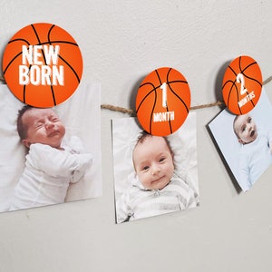 12 month Basketball photo birthday banner, 2.5&quot; Basketball Montly photo banner, Basketball First Birthday Party banner decortions Basketball