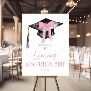 Letrero de bienvenida para fiesta de graduación con lazo rosa, Letrero de bienvenida para graduados de 2025, Póster de bienvenida, Letrero de graduación minimalista moderno.