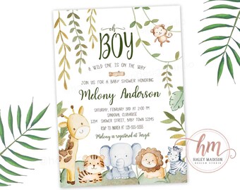 Jungle Baby Shower Invitation, Safari Baby Shower Invitation, Boy Baby Shower jungle invitation, Wild one Baby Shower Invitation HM952