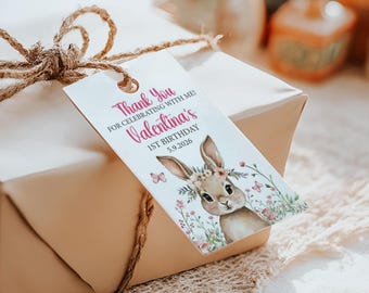 Pink Bunny Thank you tags size 2" wide by 3.5" long, Baby Shower Birthday Party labels