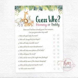 Jungle Safari Baby Shower Guess Who cartes de jeu, jeu de baby shower Safari, baby shower neutre en matière de genre, baby shower maman ou papa jeu HM952