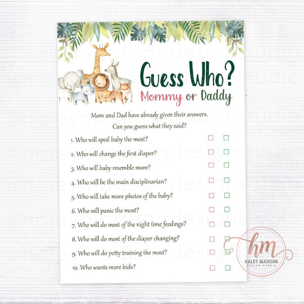 Jungle Safari Baby Shower Guess Who game cards, Safari baby shower game, gender neutral baby shower, baby shower mom or dad game HM952