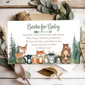 AFDRUKBARE Woodland Book Request-kaarten, boeken voor babykaarten, Woodland babyshowerkaarten, Adventure Mountains Neem een boek mee in plaats van een kaart