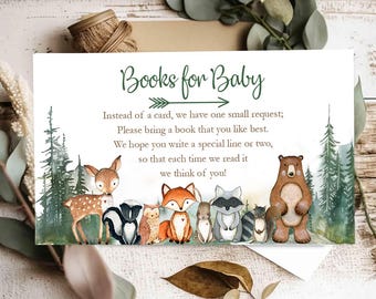 Woodland Book Anfrage Karten, Bücher für Baby Karten, Woodland Baby Shower Karten, Abenteuer Berge Bring ein Buch statt einer Karte DRUCKBAR