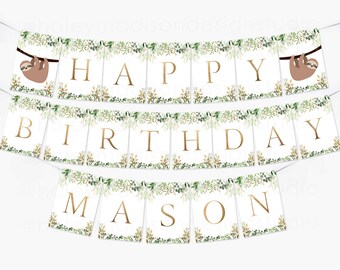 Sloth Greenery Gold Happy Birthday Banner, Pink Gold Sloth birthday party sign, Happy Birthday Name banner, Sloth party decorations HM988