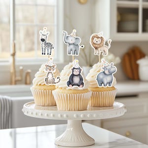 Safari Cupcake Toppers set of 12, Party Animals cupcake toppers, Jungle party animals food decor, Safari birthday party food picks