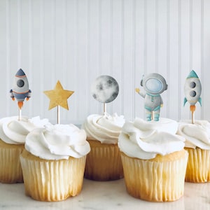 Set of 12 Astronaut Cupcake Toppers, Space Birthday Party Cupcake Toppers, Two the Moon decorations, Outer space, Rocket Cupcake Toppers