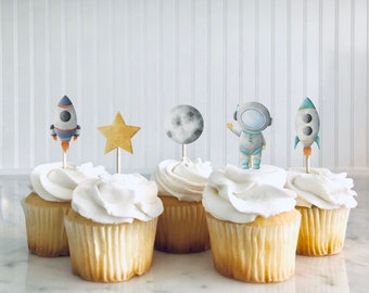Set of 12 Astronaut Cupcake Toppers, Space Birthday Party Cupcake Toppers, Two the Moon decorations, Outer space, Rocket Cupcake Toppers