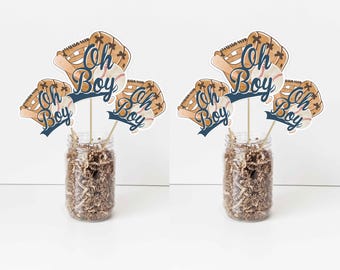 Juego de 6 centros de mesa de béisbol, decoraciones de béisbol para baby shower, recortes de béisbol Oh Boy, letreros de béisbol para baby shower