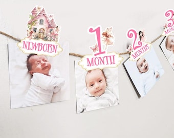 May include: A pink and gold baby milestone banner with fairy illustrations and photos of a baby at different ages. The banner includes the words "Newborn", "1 Month", "2 Months", and "3 Months".
