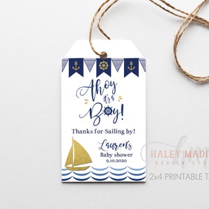 Nautical Baby Shower Thank you Tags, Nautical Baby Shower Favor Tags, Ahoy It's a Boy tags, Navy Blue and Gold Nautical favor tags HM386