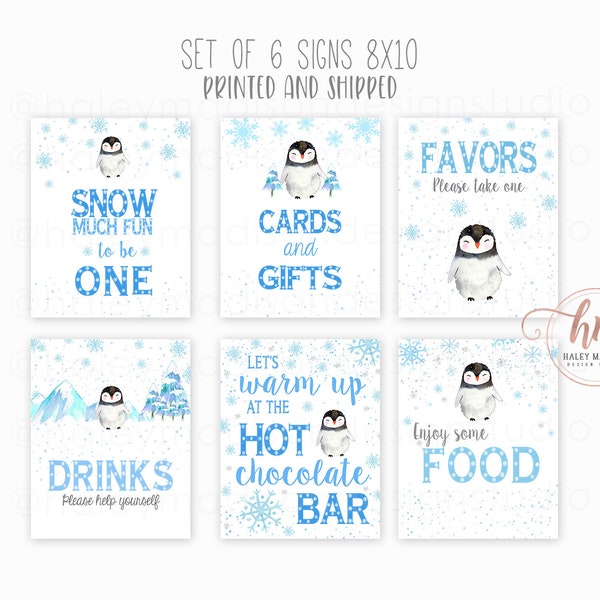 Winter ONEderland Penguin signs, Set of 6 Table signs, Welcome sign, Food sign, Favors Sign, Winter Onderland Penguin PRINTED and SHIPPED