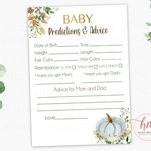 Rustic Pumpkin Baby Advice and Predictions Game, Little Pumpkin Baby Shower, BLUE Pumpkin Greenery Baby Shower Activity, PRINTABLE HM313