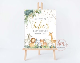 Jungle Baby shower Welcome Sign, Jungle Safari Welcome Sing, Jungle Baby Shower sign, gender neutral baby shower, Gold Jungle sign, HM952