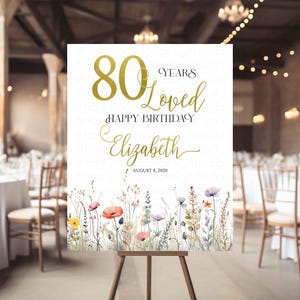 Signo de bienvenida de cumpleaños para adultos, signo de bienvenida de cumpleaños de flores silvestres, signo de cumpleaños 80, 70, 90, signo de bienvenida floral amarillo de flores silvestres
